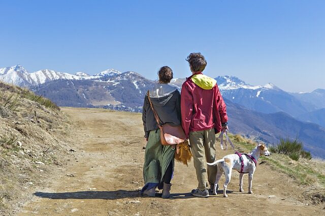 犬を連れて登山するカップル